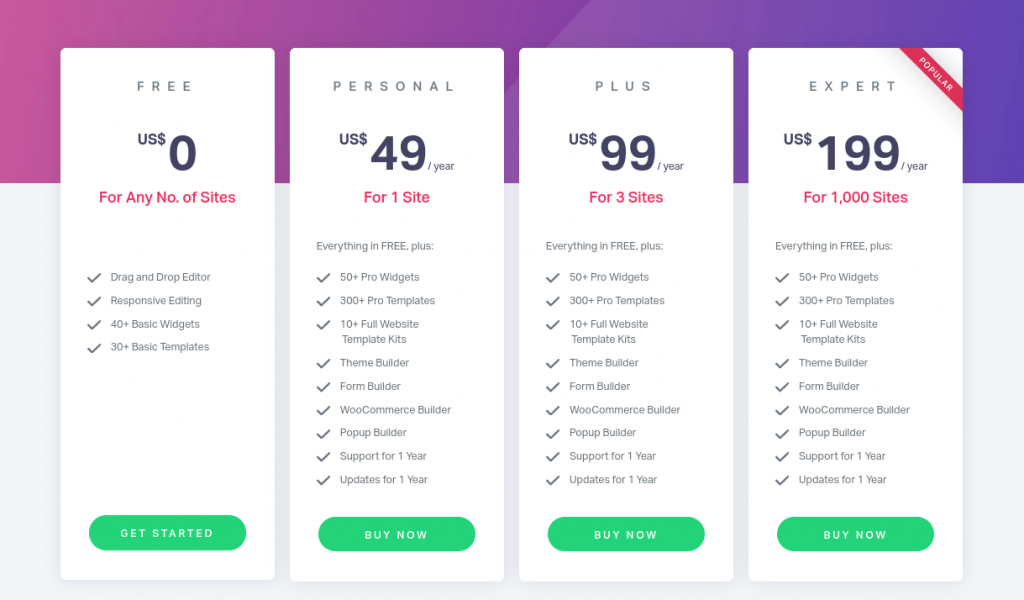 Current Elementor Pro (pricing) subscription plan (Before March 9th, 2021)